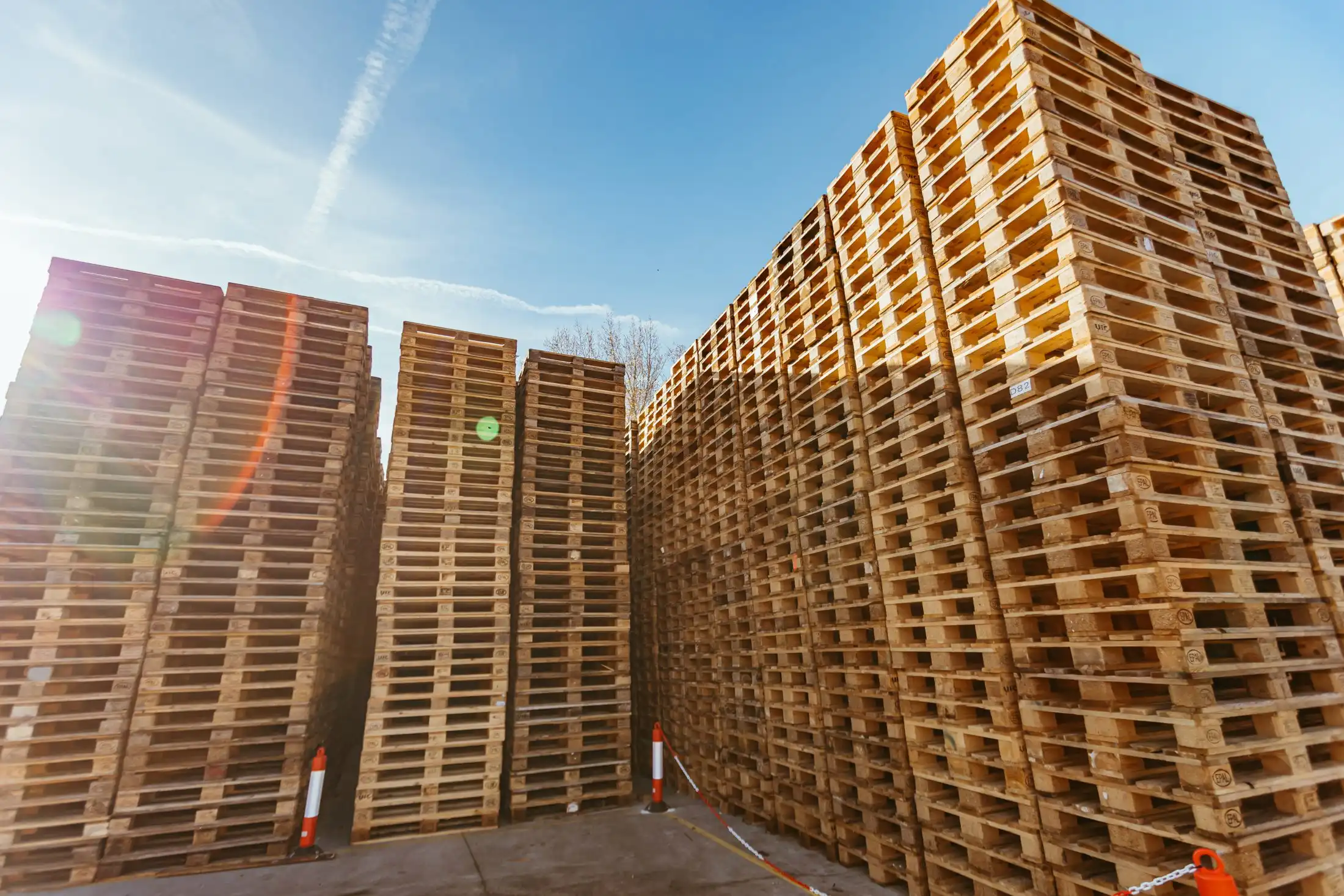 Torres de palets europeos recuperados en el patio de ECO4US